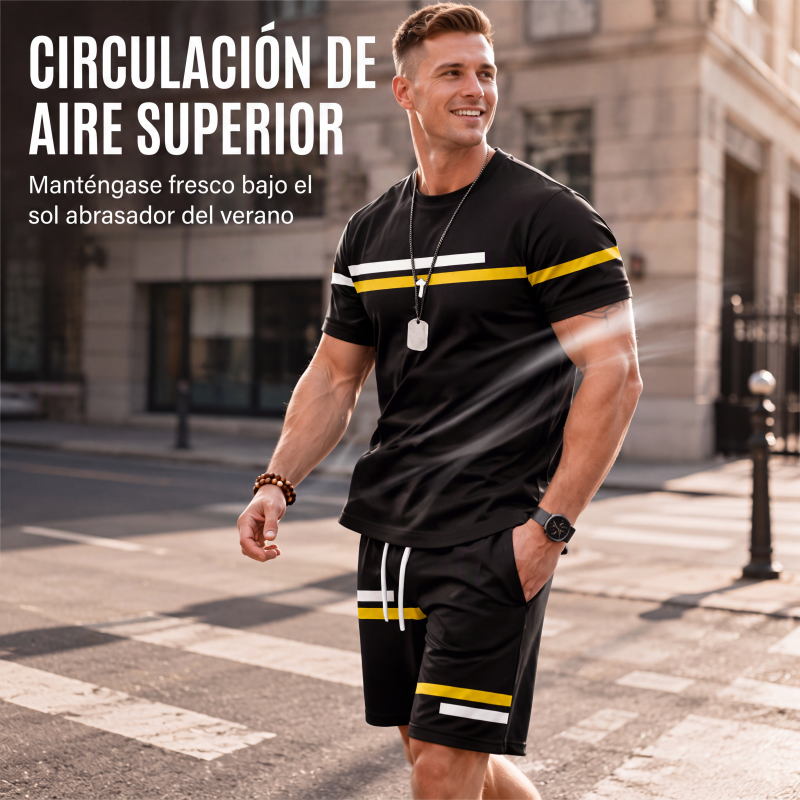 Conjunto de Playera y Short Negro para Hombre con Rayas Deportivas