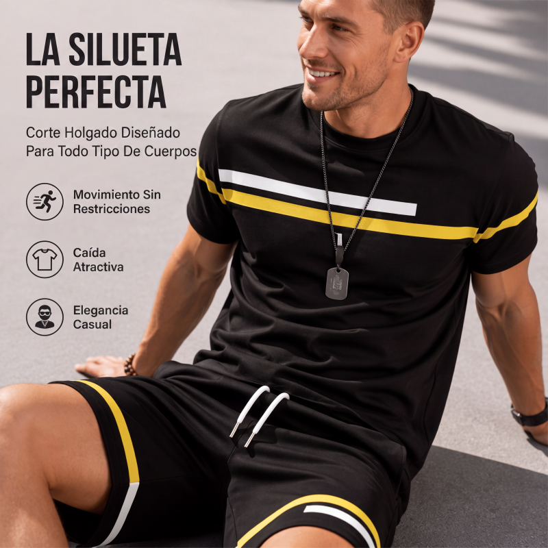 Conjunto de Playera y Short Negro para Hombre con Rayas Deportivas