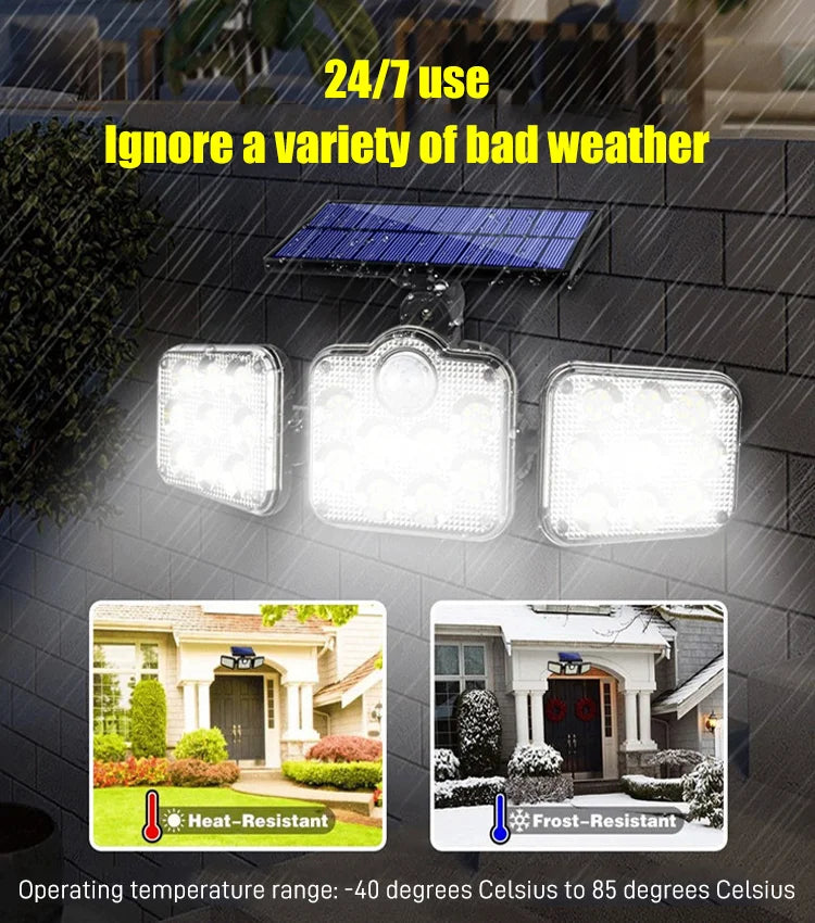 Lámpara Solar LED de 3 Cabezas con Sensor de Movimiento