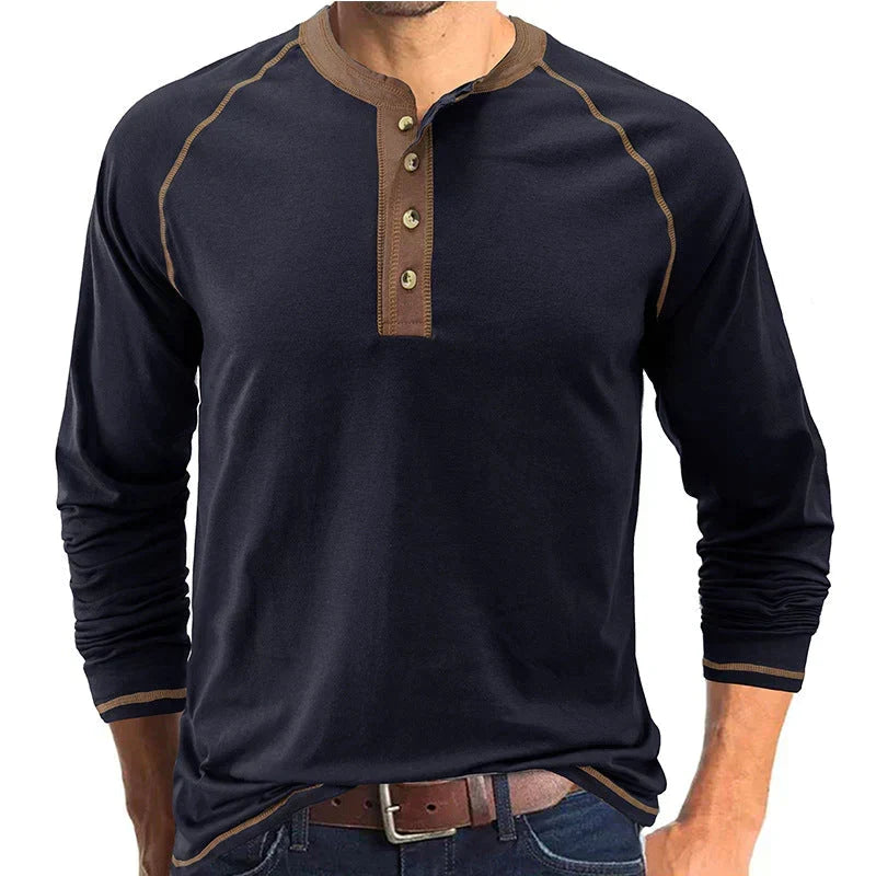 Playera Henley Manga Larga para Hombre de Algodón