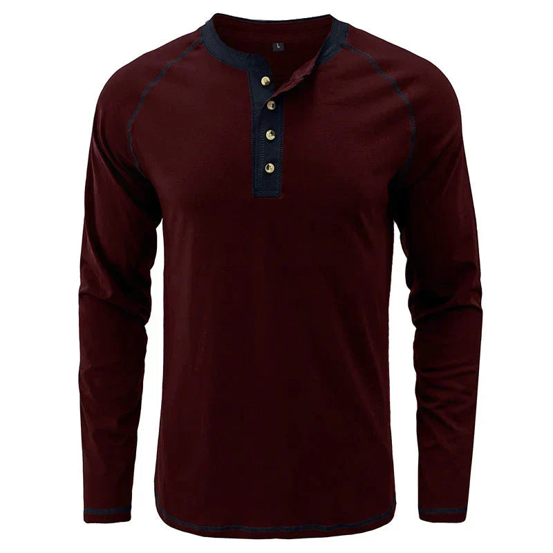 Playera Henley Manga Larga para Hombre de Algodón