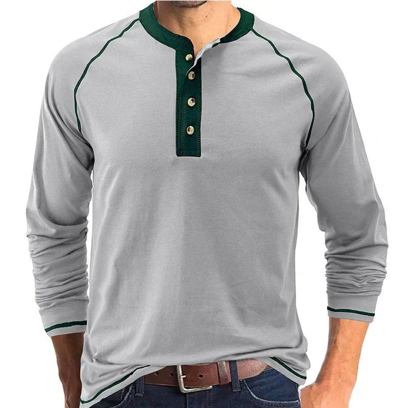 Playera Henley Manga Larga para Hombre de Algodón
