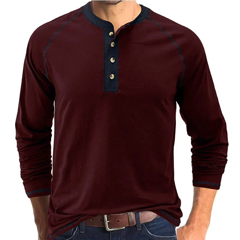 Playera Henley Manga Larga para Hombre de Algodón