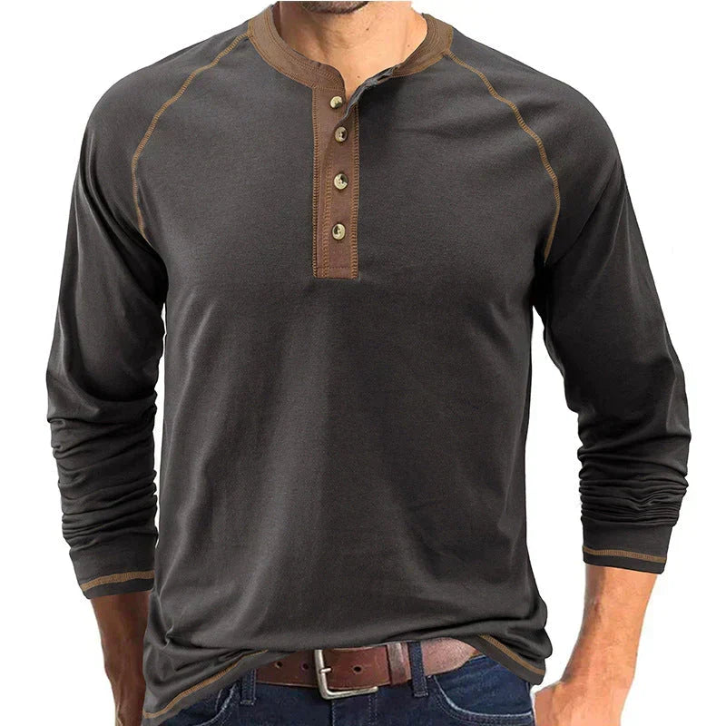 Playera Henley Manga Larga para Hombre de Algodón