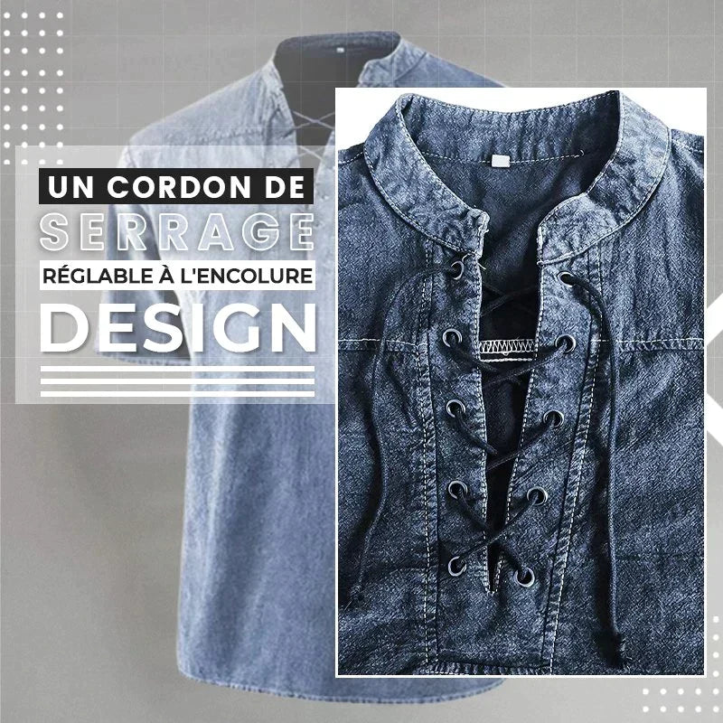 Playera de Lino Cuello V con Cordones para Hombre