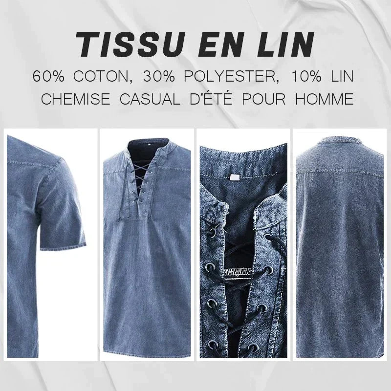 Playera de Lino Cuello V con Cordones para Hombre