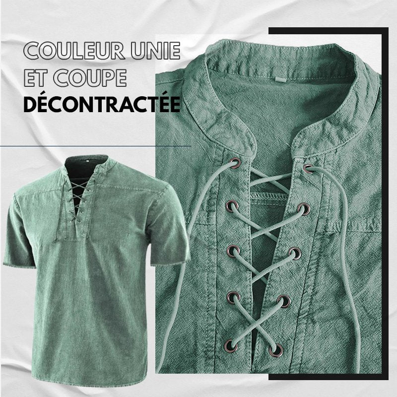 Playera de Lino Cuello V con Cordones para Hombre