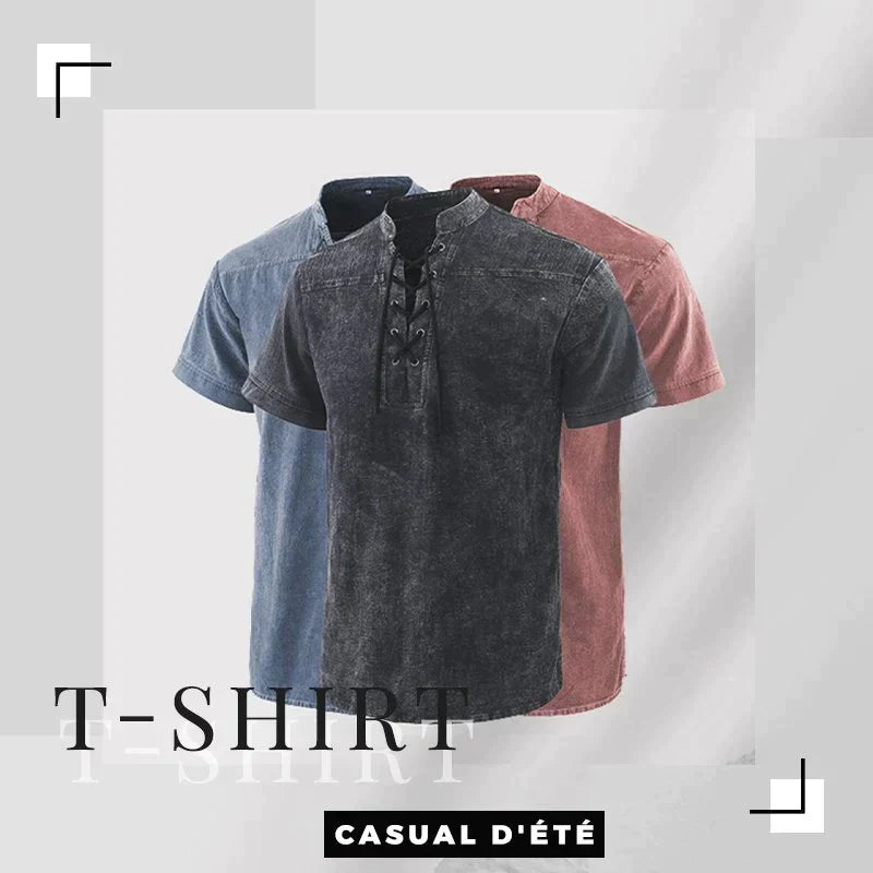 Playera de Lino Cuello V con Cordones para Hombre