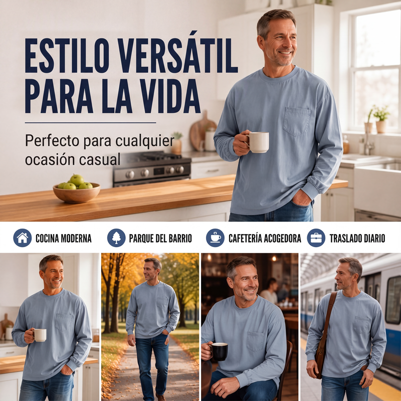 Playera Manga Larga Holgada para Hombre con Bolsillo