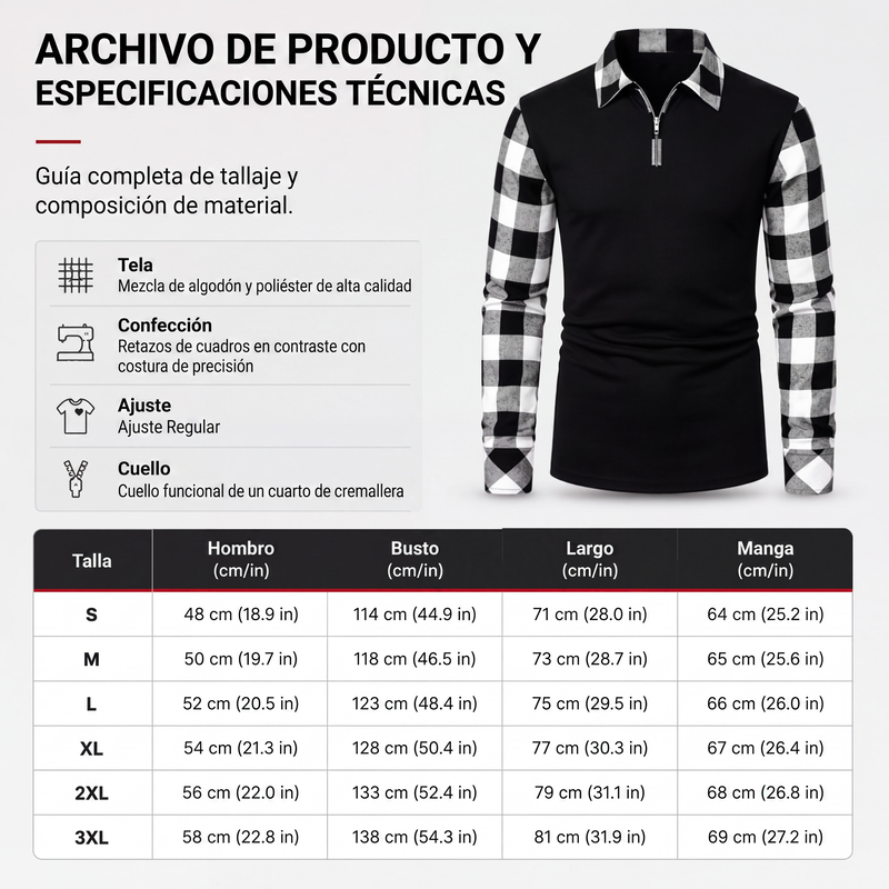 Polo Manga Larga para Hombre con Media Cremallera y Mangas a Cuadros