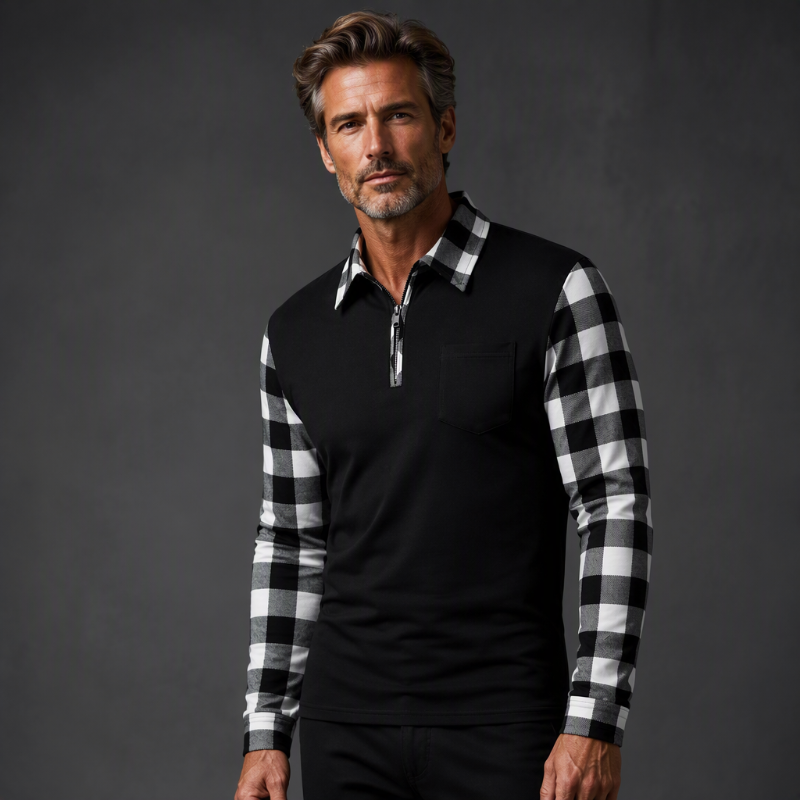 Polo Manga Larga para Hombre con Media Cremallera y Mangas a Cuadros