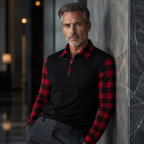 Polo Manga Larga para Hombre con Media Cremallera y Mangas a Cuadros