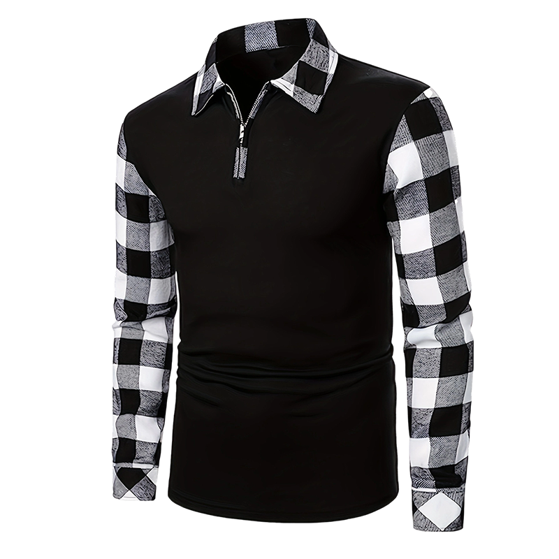 Polo Manga Larga para Hombre con Media Cremallera y Mangas a Cuadros