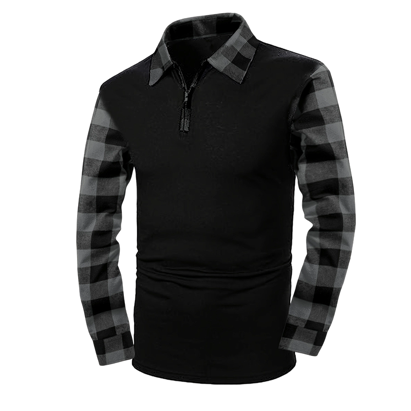 Polo Manga Larga para Hombre con Media Cremallera y Mangas a Cuadros