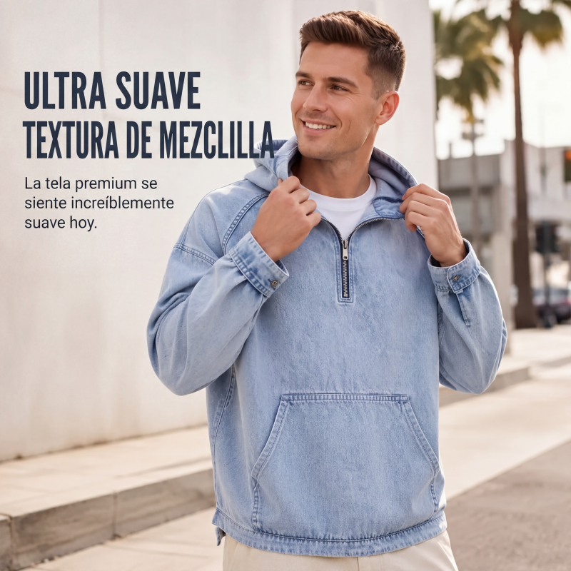 Sudadera con Capucha y Media Cremallera Efecto Mezclilla para Hombre
