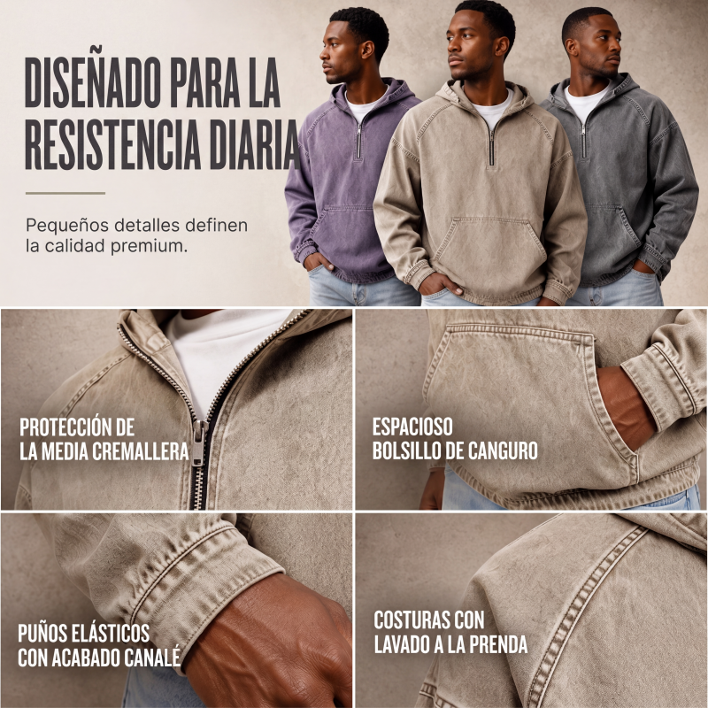 Sudadera con Capucha y Media Cremallera Efecto Mezclilla para Hombre