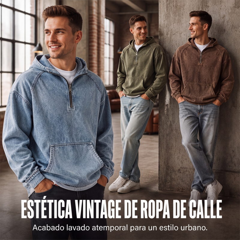 Sudadera con Capucha y Media Cremallera Efecto Mezclilla para Hombre