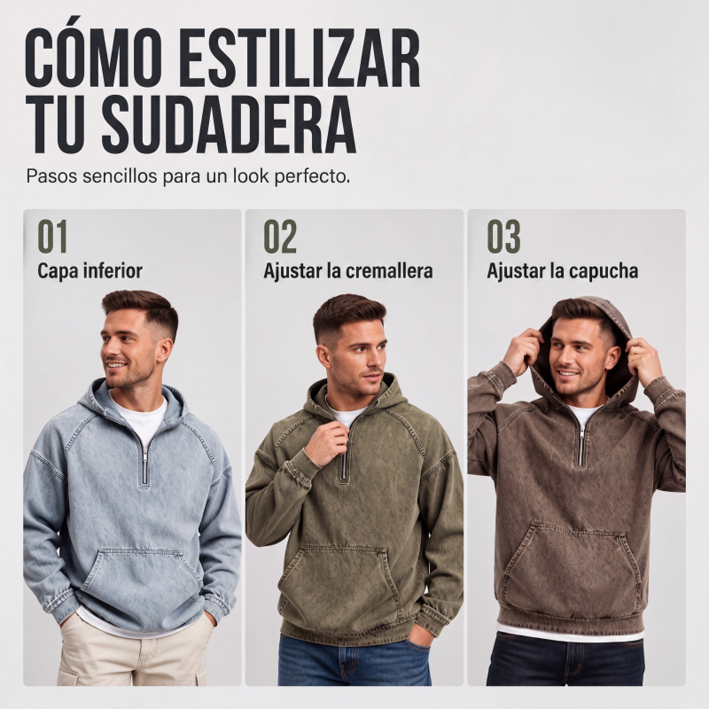 Sudadera con Capucha y Media Cremallera Efecto Mezclilla para Hombre