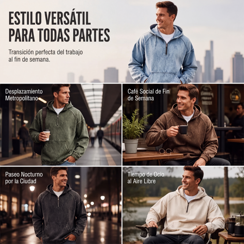 Sudadera con Capucha y Media Cremallera Efecto Mezclilla para Hombre