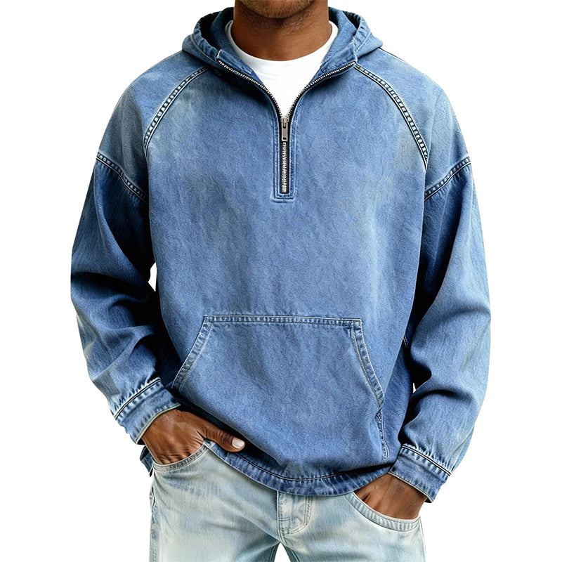 Sudadera con Capucha y Media Cremallera Efecto Mezclilla para Hombre