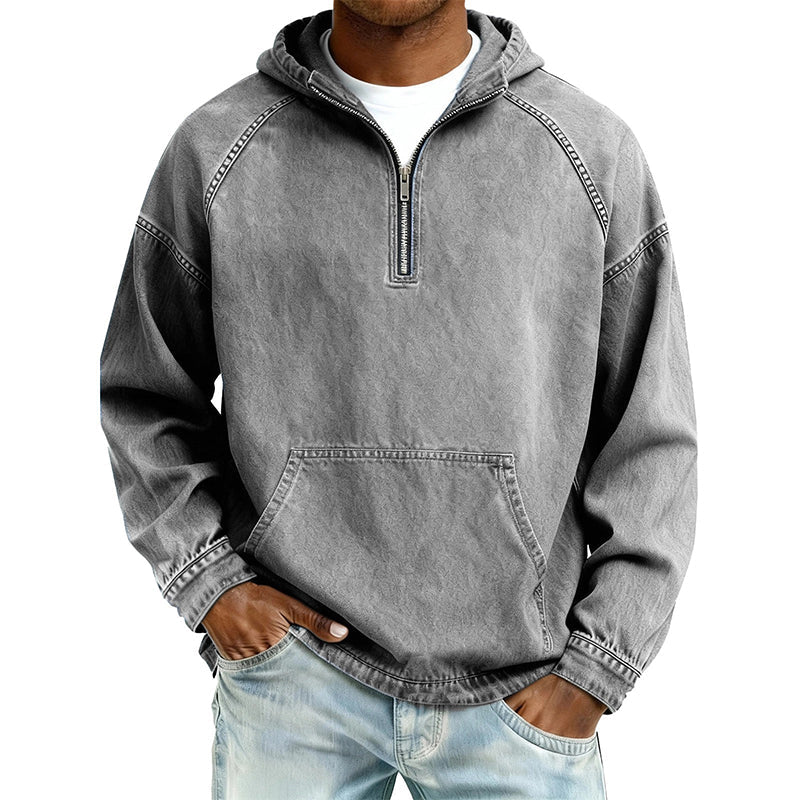 Sudadera con Capucha y Media Cremallera Efecto Mezclilla para Hombre