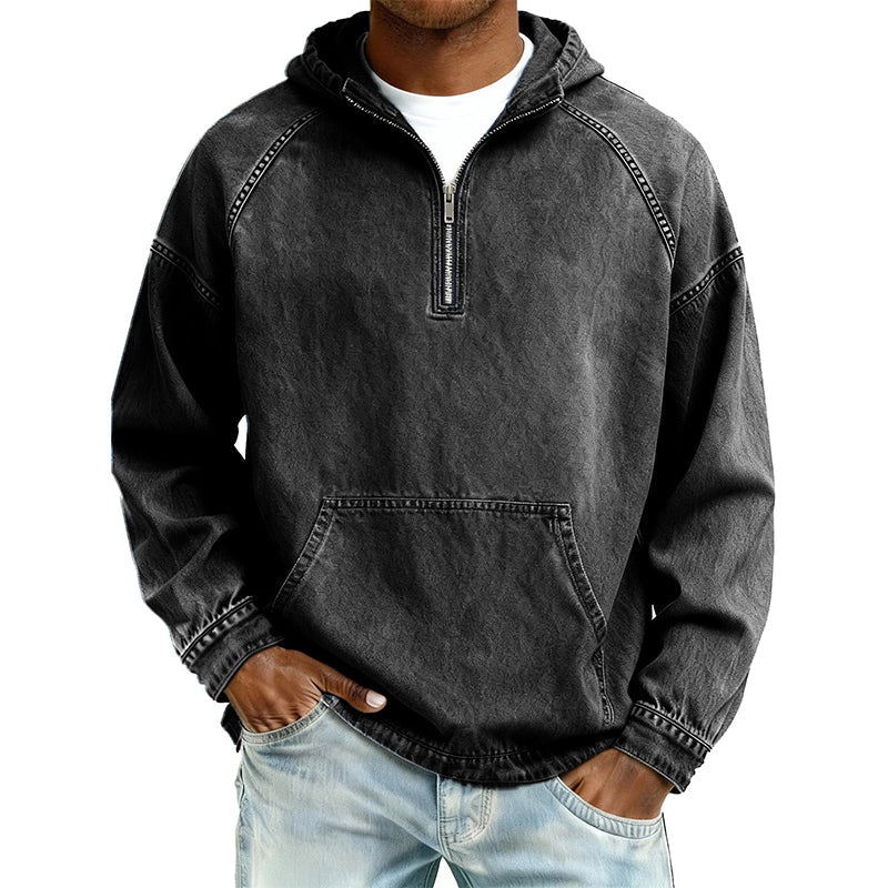 Sudadera con Capucha y Media Cremallera Efecto Mezclilla para Hombre