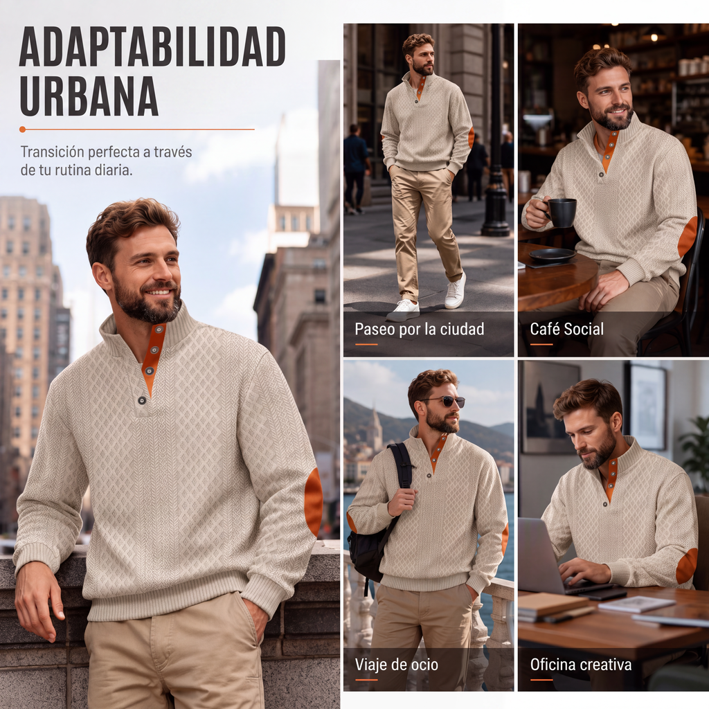Sudadera Jacquard Retro para Hombre con Cuello Alto y Coderas
