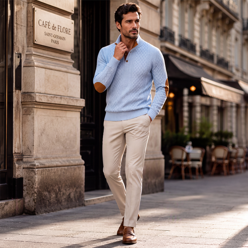 Sudadera Jacquard Retro para Hombre con Cuello Alto y Coderas