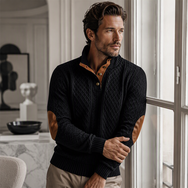 Sudadera Jacquard Retro para Hombre con Cuello Alto y Coderas