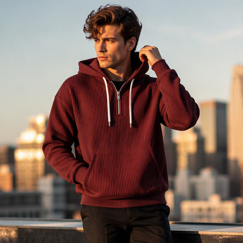 Sudadera de Pana con Capucha y Media Cremallera para Hombre