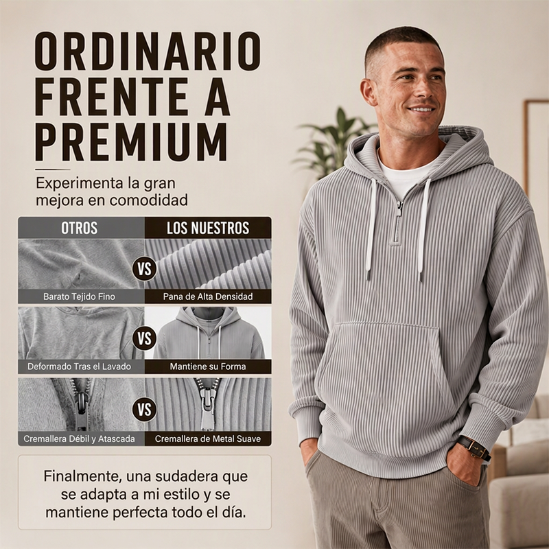 Sudadera de Pana con Capucha y Media Cremallera para Hombre