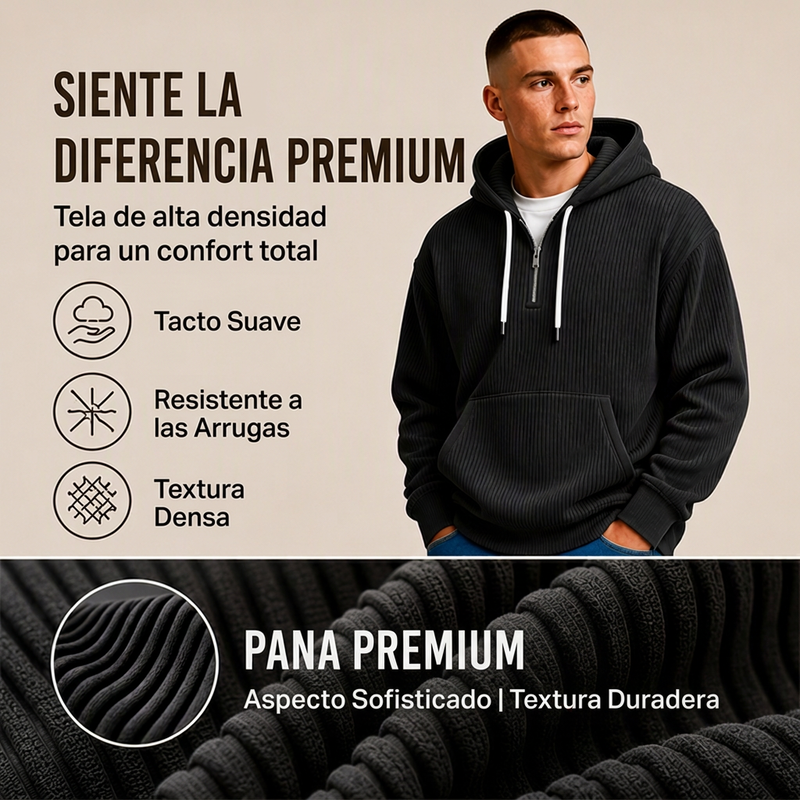Sudadera de Pana con Capucha y Media Cremallera para Hombre