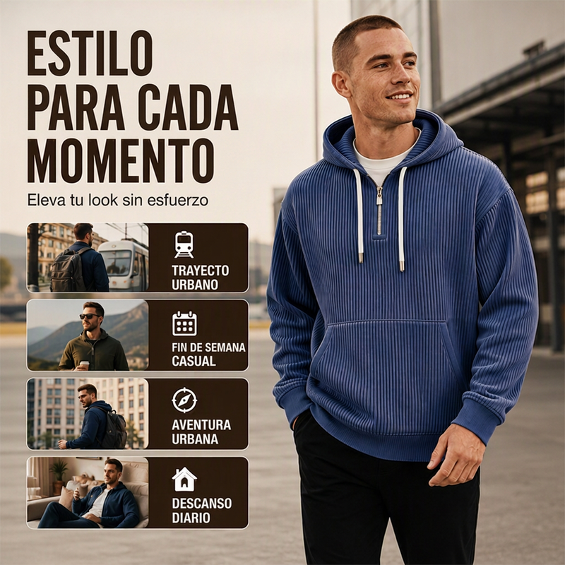 Sudadera de Pana con Capucha y Media Cremallera para Hombre