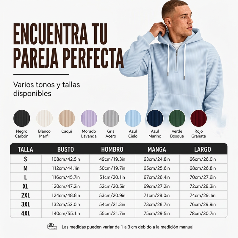 Sudadera de Pana con Capucha y Media Cremallera para Hombre