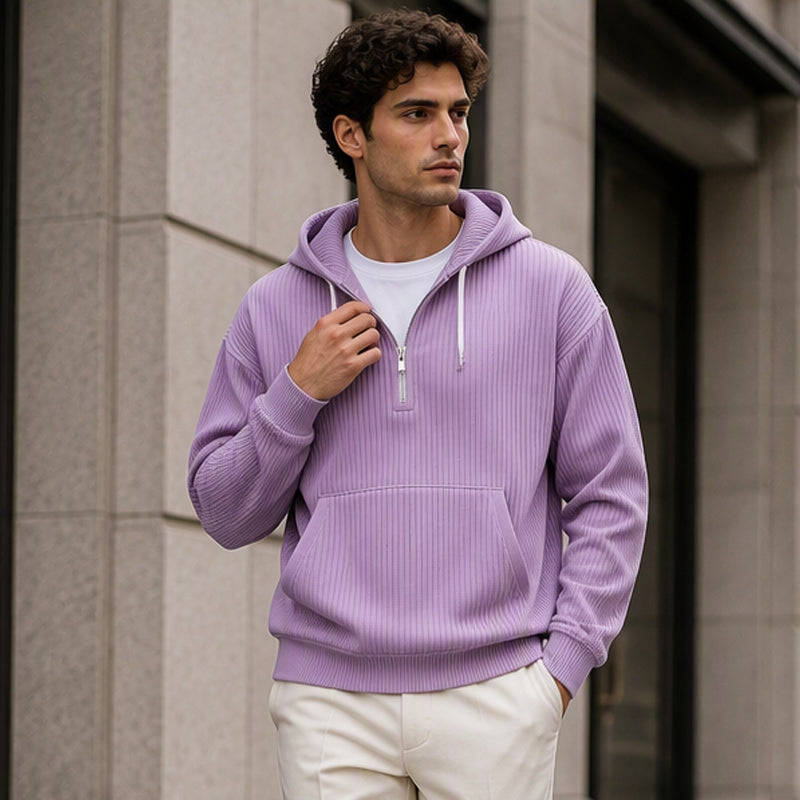 Sudadera de Pana con Capucha y Media Cremallera para Hombre