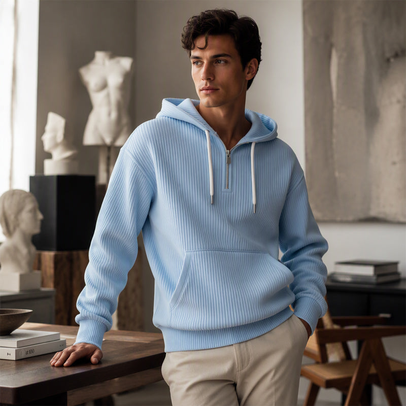 Sudadera de Pana con Capucha y Media Cremallera para Hombre