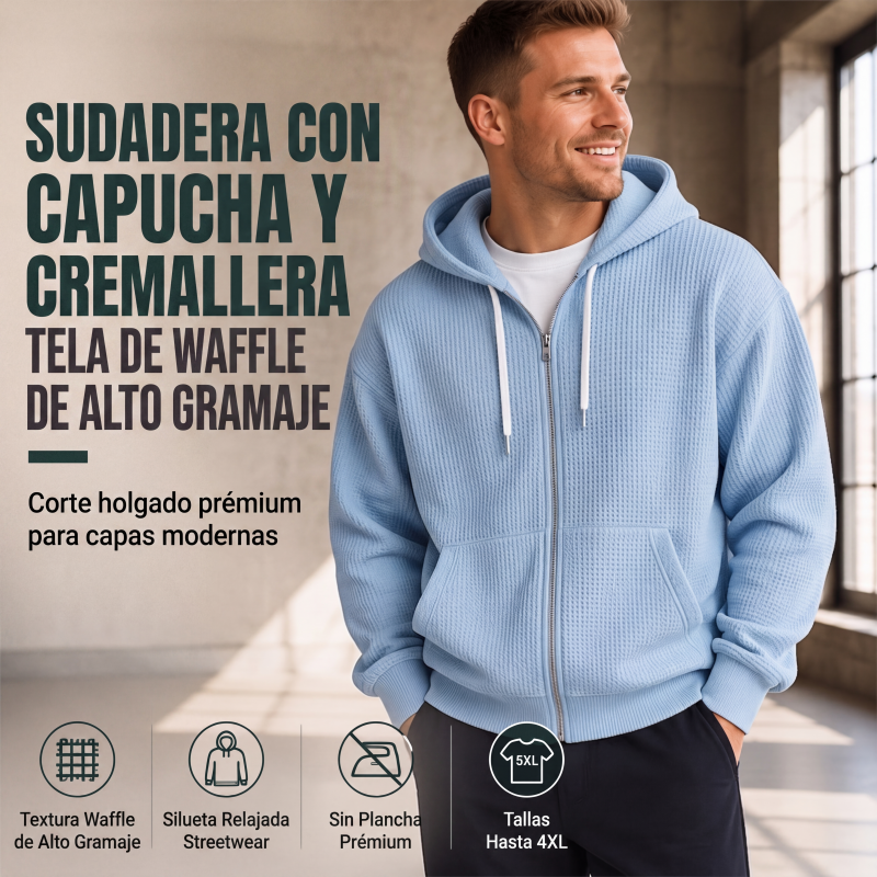Sudadera Waffle con Capucha y Cierre para Hombre