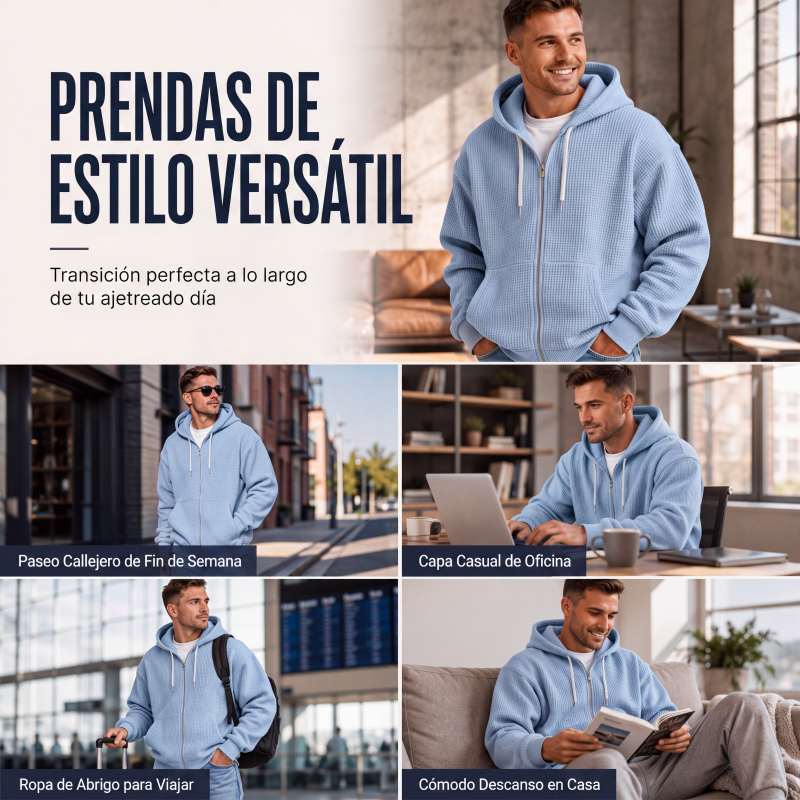 Sudadera Waffle con Capucha y Cierre para Hombre