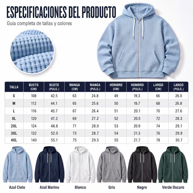 Sudadera Waffle con Capucha y Cierre para Hombre