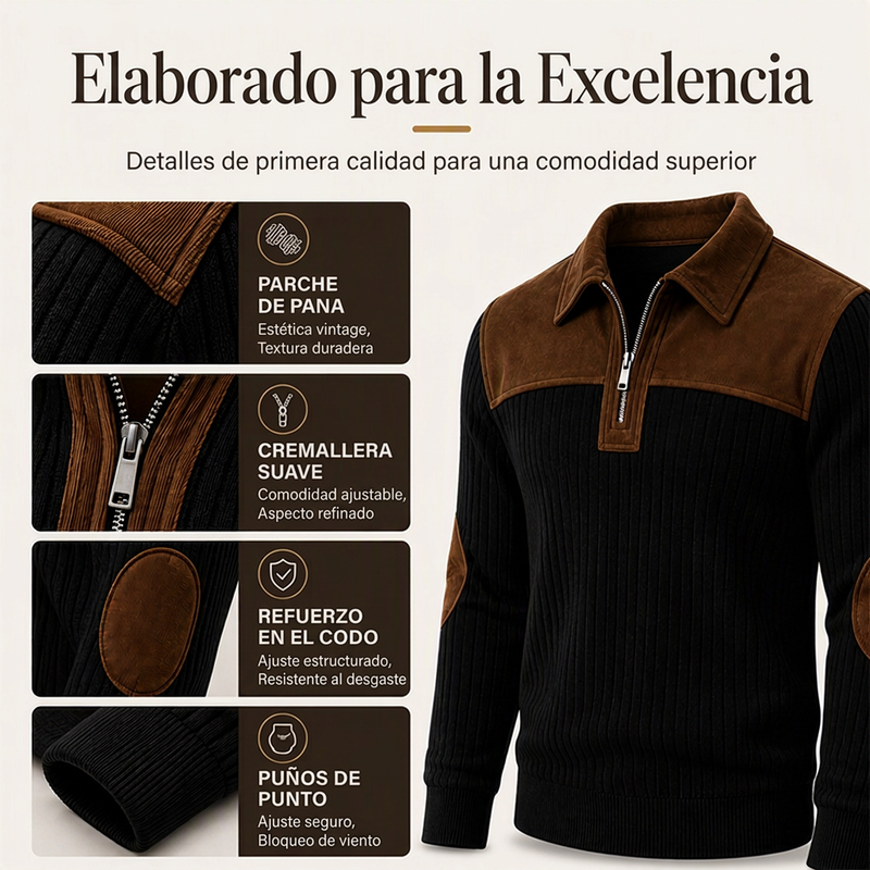 Suéter de Punto con Media Cremallera y Detalles de Pana para Hombre