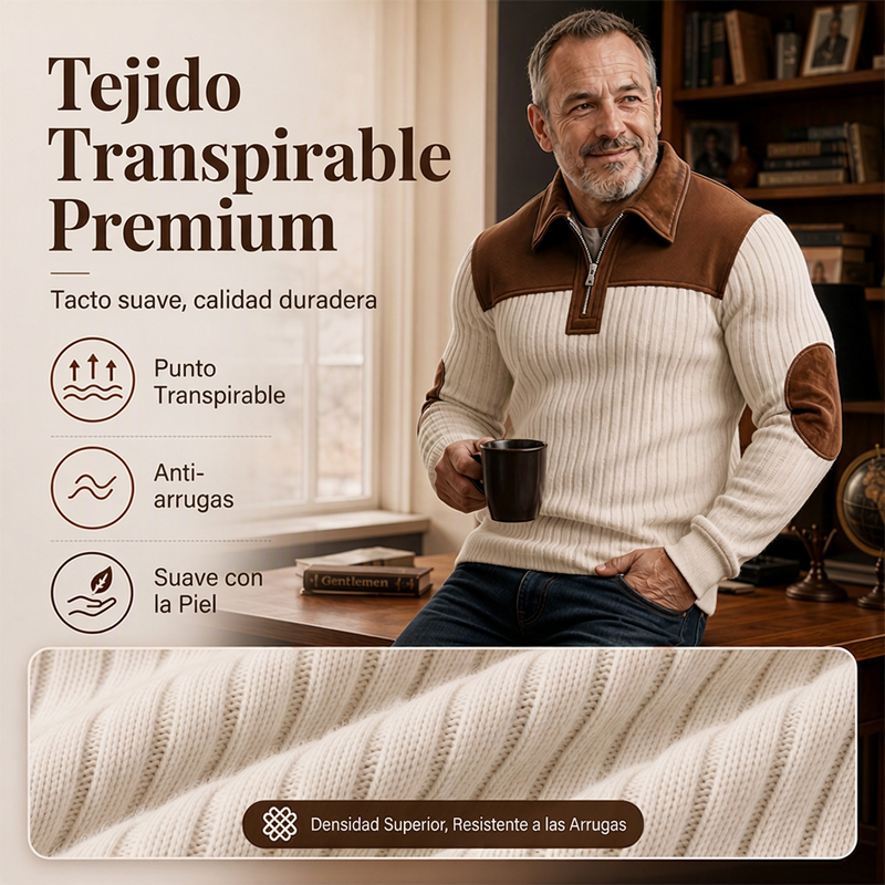Suéter de Punto con Media Cremallera y Detalles de Pana para Hombre