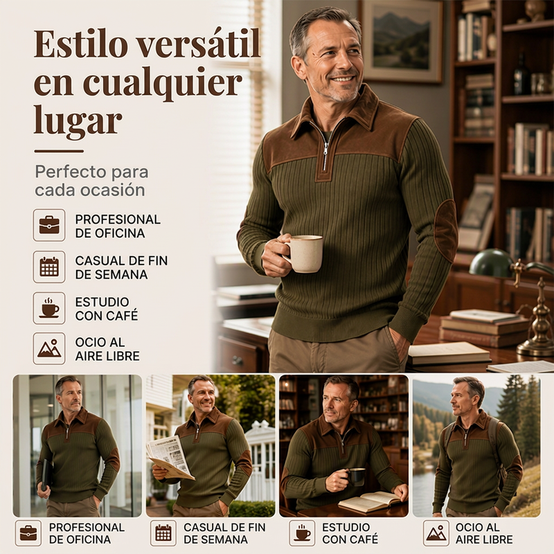 Suéter de Punto con Media Cremallera y Detalles de Pana para Hombre