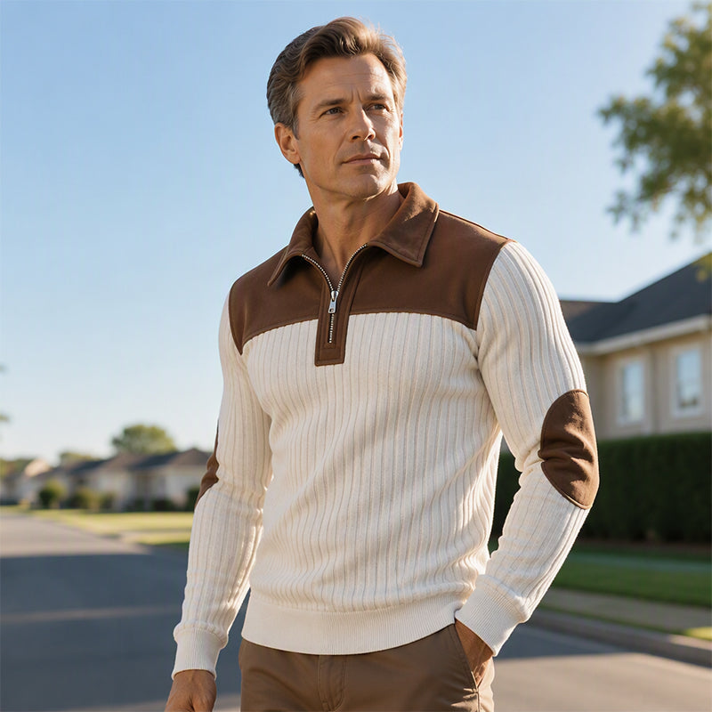 Suéter de Punto con Media Cremallera y Detalles de Pana para Hombre