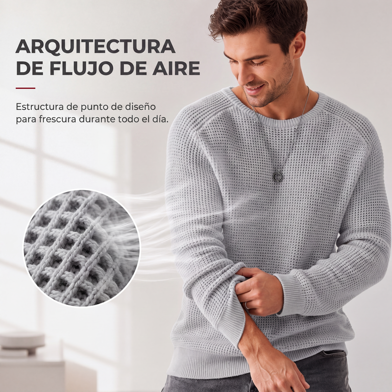 Suéter de Punto Waffle para Hombre Cuello Redondo